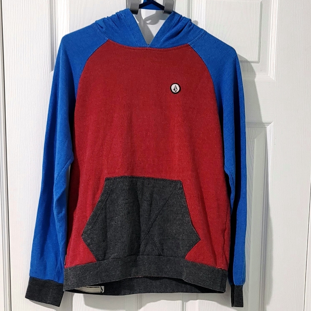 Volcom Women's Red & Blue Colorblock Pull-Over Hoodie Sweatshirt Size L